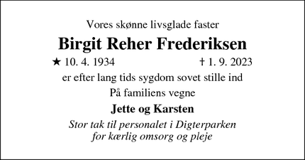Dødsannoncen for Birgit Reher Frederiksen - Grenå
