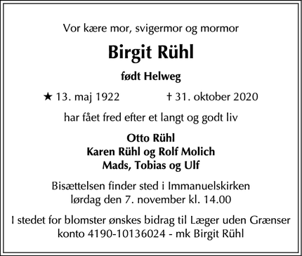 Dødsannoncen for Birgit Rühl - Snekkersten