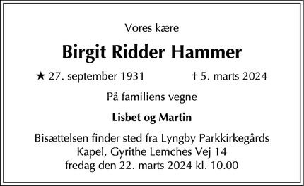 Dødsannoncen for Birgit Ridder Hammer - København