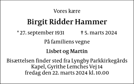 Dødsannoncen for Birgit Ridder Hammer - København