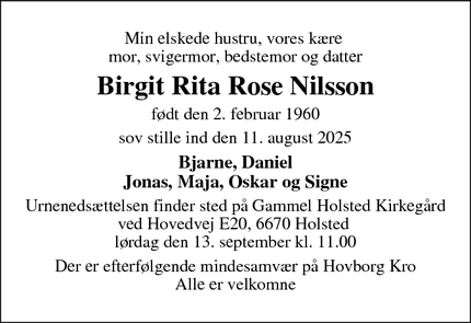 Dødsannoncen for Birgit Rita Rose Nilsson - 6670 Holsted