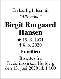 Dødsannoncen for Birgit Ruegaard Hansen - Søborg
