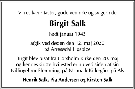 Dødsannoncen for Birgit Salk - Hørsholm
