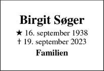Dødsannoncen for Birgit Søger - Brønshøj