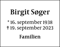 Dødsannoncen for Birgit Søger - Brønshøj