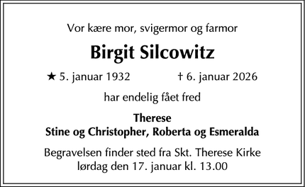 Dødsannoncen for Birgit Silcowitz - 2920 Charlottenlund