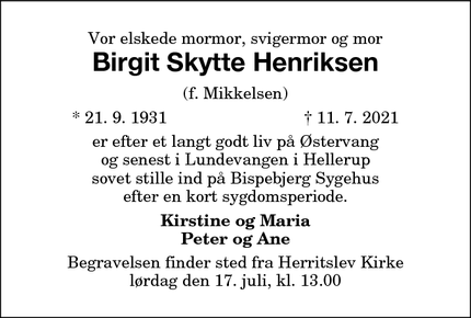 Dødsannoncen for Birgit Skytte Henriksen - Charlottenlund