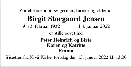 Dødsannoncen for Birgit Storgaard Jensen - Nivå
