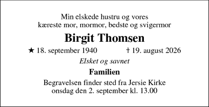 Dødsannoncen for Birgit Thomsen - Holte