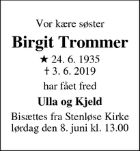 Dødsannoncen for Birgit Trommer - Sankt Klemens