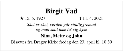 Dødsannoncen for Birgit Vad - København