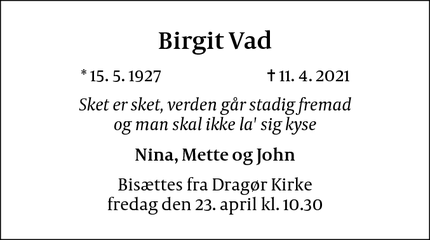 Dødsannoncen for Birgit Vad - København