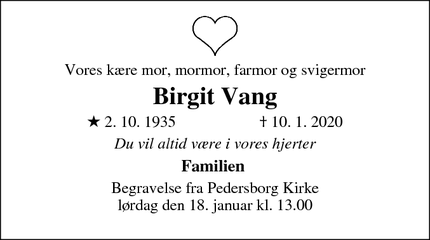 Dødsannoncen for Birgit Vang - Sorø