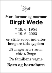 Dødsannoncen for Birgit Wede - Maribo