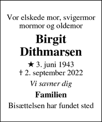 Dødsannoncen for Birgit
Dithmarsen - Korsør