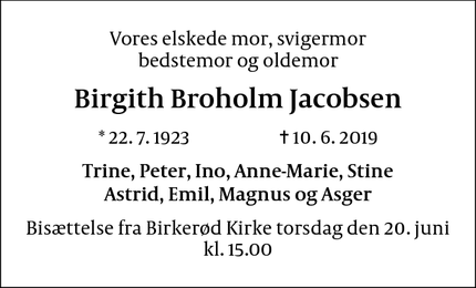 Dødsannoncen for Birgith Broholm Jacobsen - Birkerød