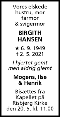 Dødsannoncen for Birgith Hansen - Køge