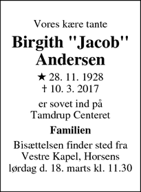Dødsannoncen for Birgith "Jacob" Andersen - Horsens