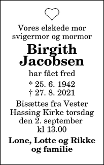 Dødsannoncen for Birgith Jacobsen - Vester Hassing