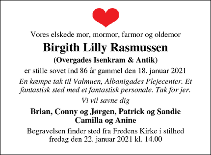 Dødsannoncen for Birgith Lilly Rasmussen - Odense