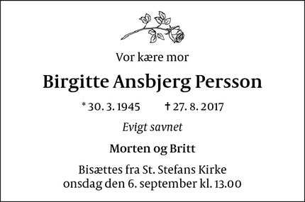 Dødsannoncen for Birgitte Ansbjerg Persson - København