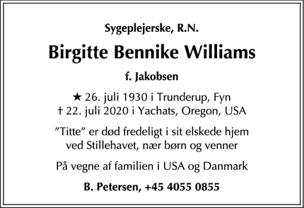 Dødsannoncen for Birgitte Bennike Williams - København Ø