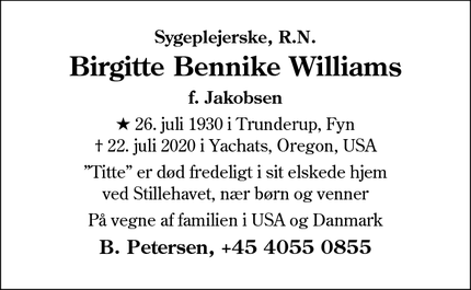 Dødsannoncen for Birgitte Bennike Williams - København Ø