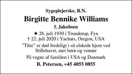 Dødsannoncen for Birgitte Bennike Williams - København Ø