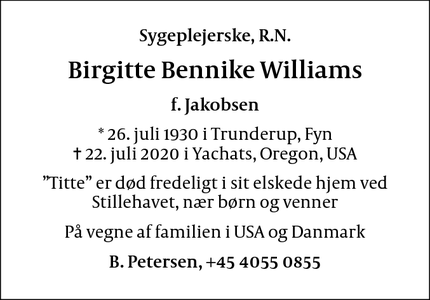 Dødsannoncen for Birgitte Bennike Williams - København Ø