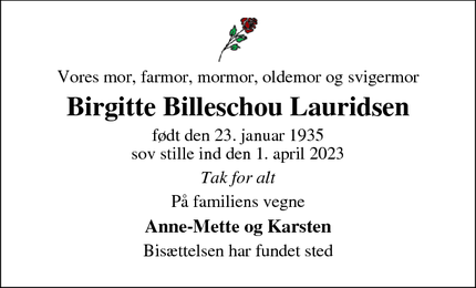 Dødsannoncen for Birgitte Billeschou Lauridsen - Albertslund
