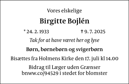 Dødsannoncen for Birgitte Bojlén - København