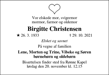 Dødsannoncen for Birgitte Christensen - Rønne