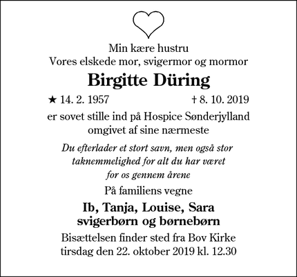 Dødsannoncen for Birgitte Düring - Kruså