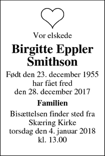 Dødsannoncen for Birgitte Eppler Smithson - Hammel