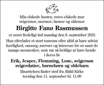 Dødsannoncen for Birgitte Fanø Rasmussen - København S