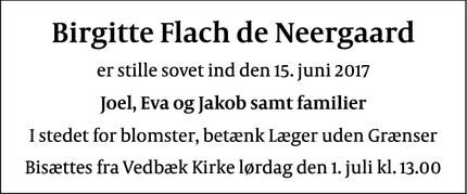 Dødsannoncen for Birgitte Flach de Neergaard - Vedbæk