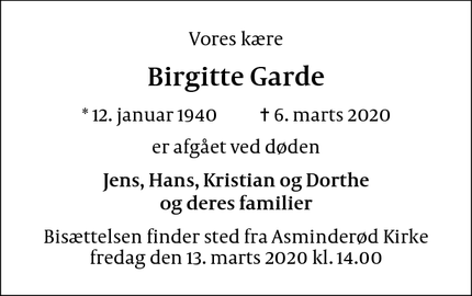 Dødsannoncen for Birgitte Garde - Fredensborg