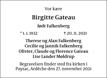 Dødsannoncen for Birgitte Gateau - Paris