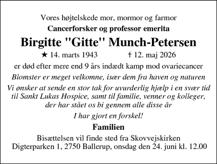 Dødsannoncen for Birgitte "Gitte" Munch-Petersen - Farum