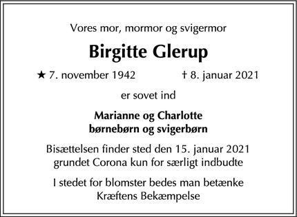 Dødsannoncen for Birgitte Glerup - Frederiksberg