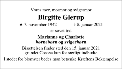 Dødsannoncen for Birgitte Glerup - Frederiksberg