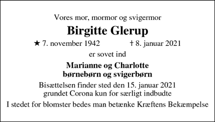 Dødsannoncen for Birgitte Glerup - Frederiksberg
