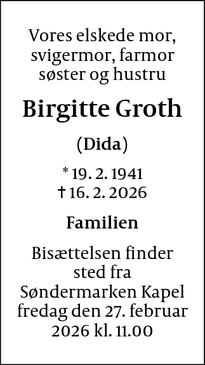 Dødsannoncen for Birgitte Groth - Rødovre