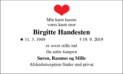 Dødsannoncen for Birgitte Handesten - Helsingør
