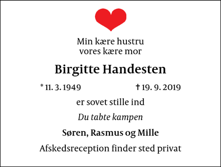 Dødsannoncen for Birgitte Handesten - Helsingør