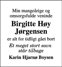 Dødsannoncen for Birgitte Høy Jørgensen - Ringkøbing