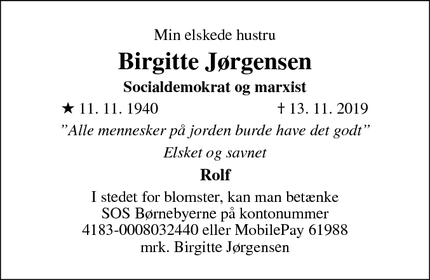 Dødsannoncen for Birgitte Jørgensen - Frederiksberg C