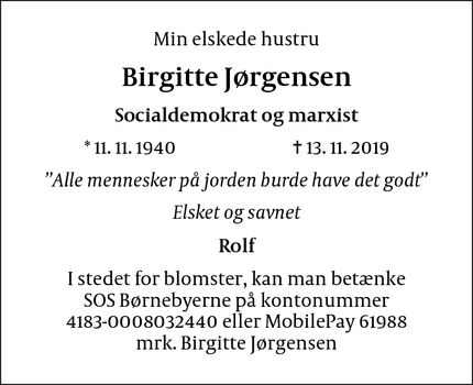 Dødsannoncen for Birgitte Jørgensen - Frederiksberg C