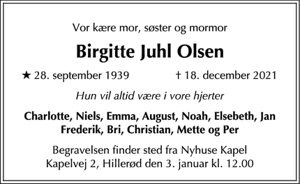 Dødsannoncen for Birgitte Juhl Olsen - Nivå