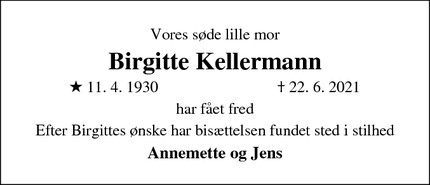 Dødsannoncen for Birgitte Kellermann - Hillerød